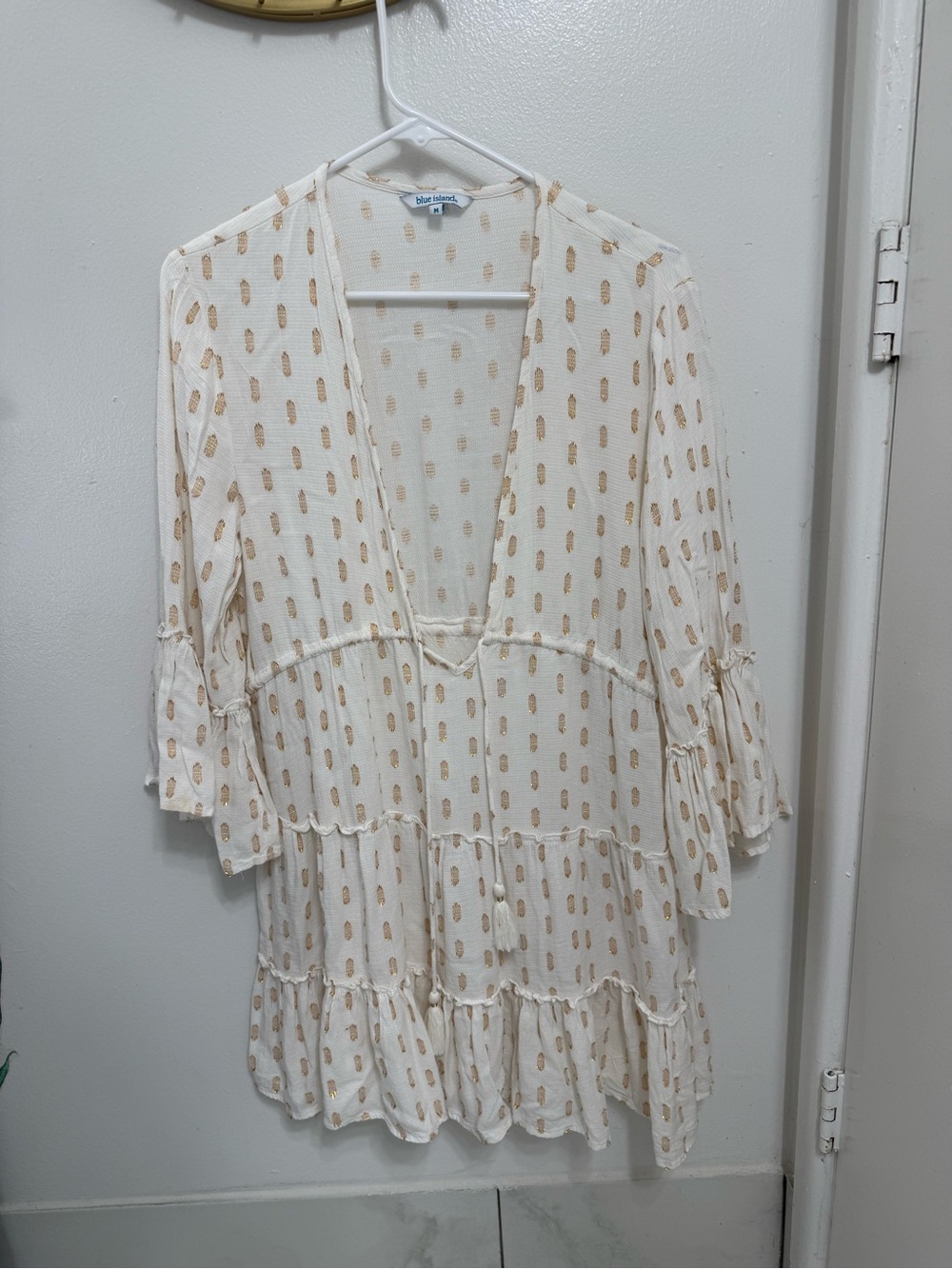 blue island Cream Tiered V-Neck Dress / cover up with Gold Dot Accent